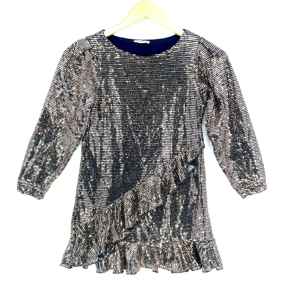 Pinko Up Girls Party Dress Size 8 Black Gold Sequins Long Sleeve Ruffle Designer